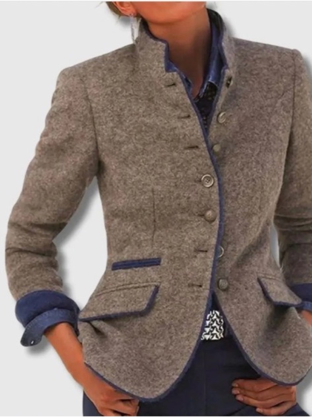 Wool-Blend Grey Tailored Women's Jacket with Navy Trim